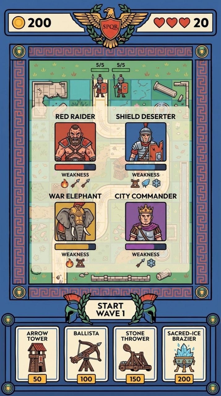 Enemy codex: red raider, shield deserter, war elephant and city commander, each with its weakness